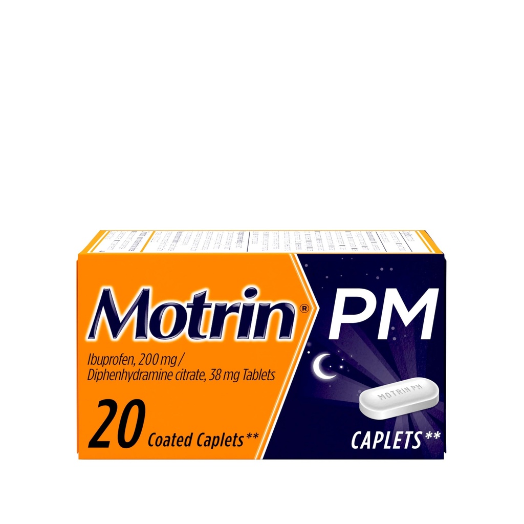 Motrin PM smertelindring kapsler med 200 mg Ibuprofen & 38 mg Diphenhydramin sovestøtte, Nighttime smertelindring for mindre Aches & Pains hjælper dig med at falde søvn og holde sig vågen, 20 ng