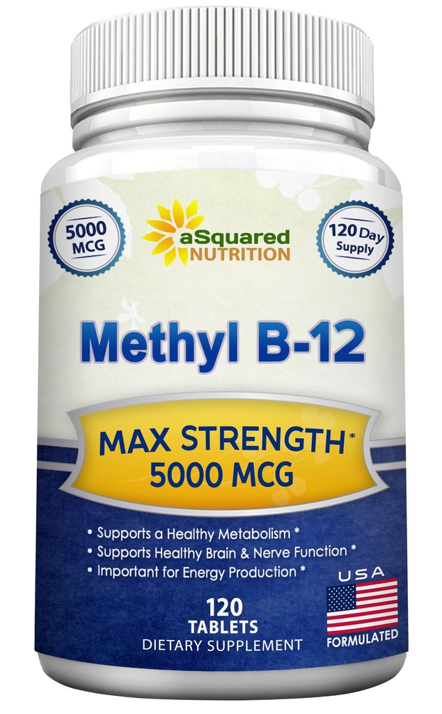 aSquared Nutrition Vitamin B12- 5000 MCG Supplement med Methylcobalamin (Methyl B- 12) - Max Strength Vitamin B 12 Support to Help Boost Natural Energy, Benefit Brain & Heart Function - 120 tabletter