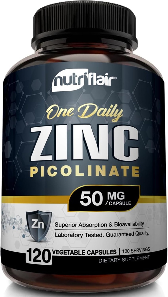 NutriFlair Zinc Picolinate 50mg, 120 Capsules - Maximum Absorption Zinc Supplement Pills - Immune System Booster, Immunity Defense, Powerful Non-GMO Antioxidant - Compare to gluconate, Citrate, Oxide