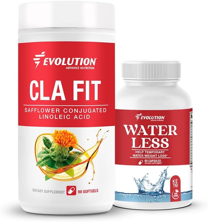 Evolution Advance Sport Nutrition CLA Fit - Safflor Conjugated Linolsyre supplement, Support Lean Muscle Mass, Promote Energy (90 Softels) + Vand mindre - Reducerer vandretention (60 kapsler)