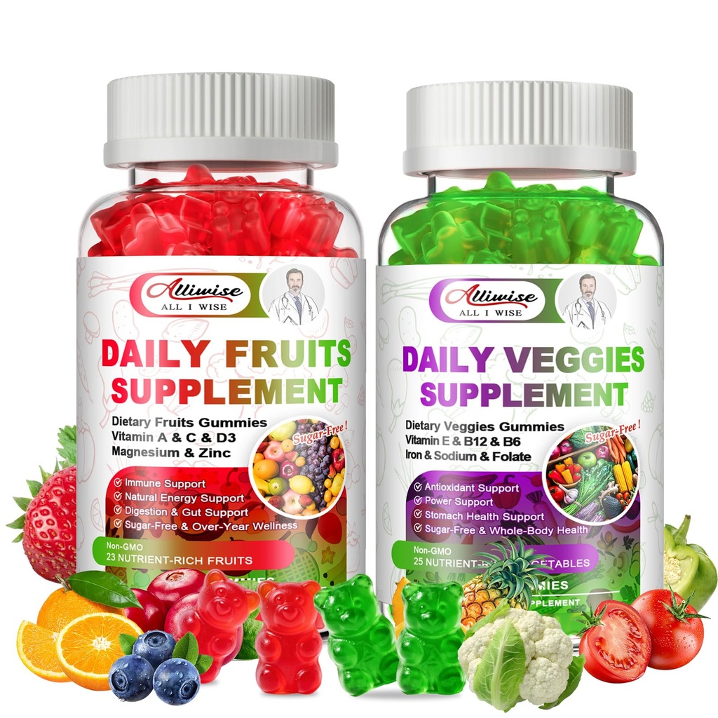 Sugar-Free Fruits & Veggies Gummies, Super Greens with 23 Fruits & 25 Veggies, Multivitamin Minerals & Fiber, Vegan Fruit & Vegetable Supplement for Adults, 120 Gummies, 2 Month Supply