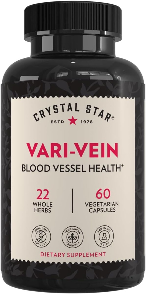 Crystal Star Vari- Vein (60 kapsler) - Urtecirkulation Support for Varicose Veins & Spider Veins Treatment - Witch Hazel, Slagterum, Hawthorn & Horse Chestnut- Non- GMO