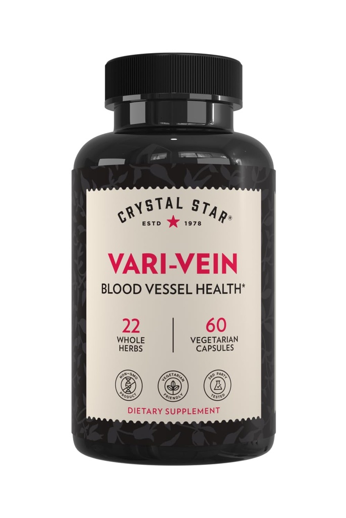 Crystal Star Vari-Vein (60 Capsules) - Herbal Circulation Support Supplement for Varicose Veins & Spider Veins Treatment - Witch Hazel, Butcher’s Broom, Hawthorn & Horse Chestnut- Non-GMO