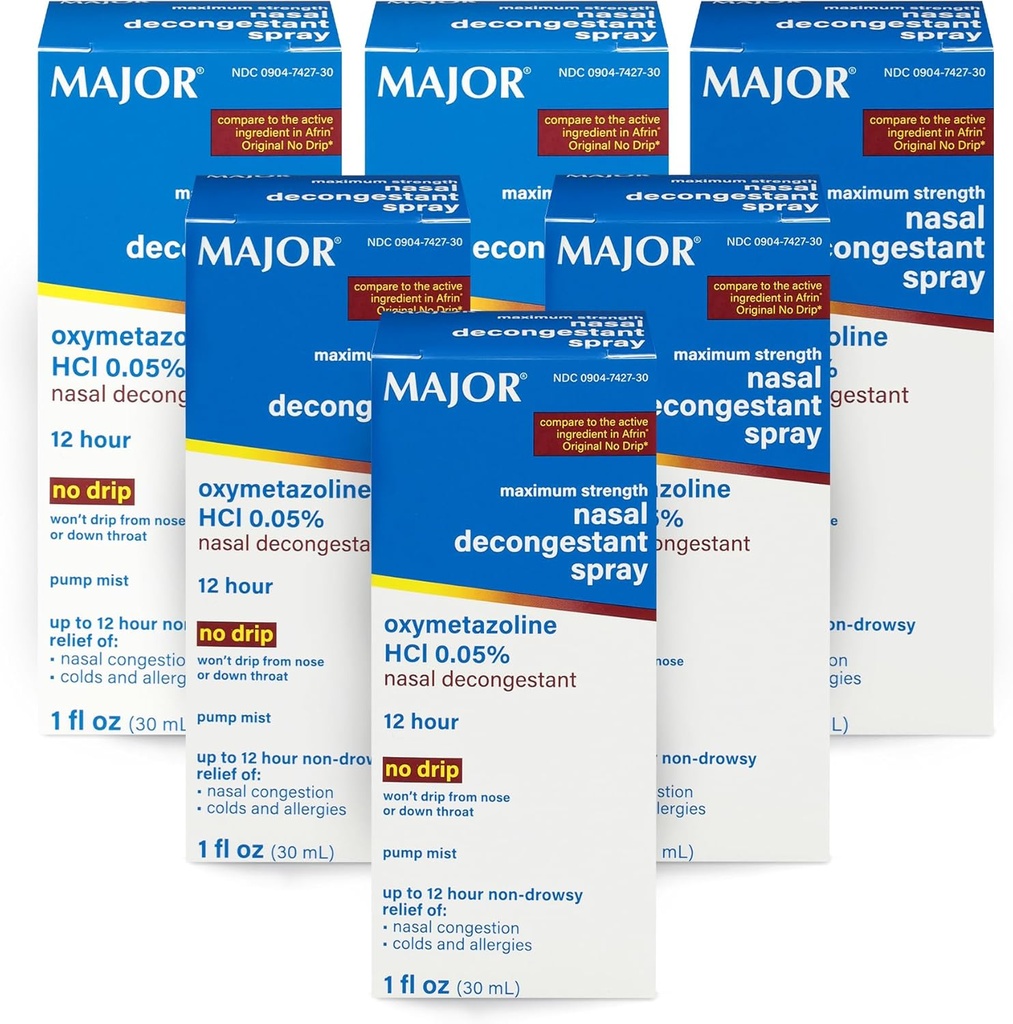 MAJOR Maximum Strength Nasal Decongestant Spray, Oxymetazolin HCl 0,05% Pump Mist, Non- Drowsy Nasal Spray, op til 12-timers Relief fra Nasal Congestion, Colds, og Allergier 1 Fl. Oz. (6-Pack)