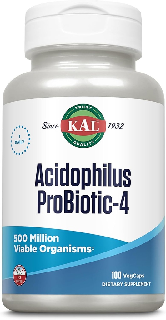 KAL Acidophilus ProBiotic-4, 500 Millioner CFU 'er, Fire Probiotiske Strops, Probiotika for kvinder og mænd, Fryse Tørret, L. acidophilus, L. bulgaricus, S. termophilus, B. bifidum, 100 Servere, 100 VegCaps