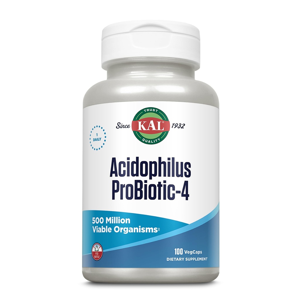 KAL Acidophilus ProBiotic-4, 500 Millioner CFU 'er, Fire Probiotiske Strops, Probiotika for kvinder og mænd, Fryse Tørret, L. acidophilus, L. bulgaricus, S. termophilus, B. bifidum, 100 Servere, 100 VegCaps