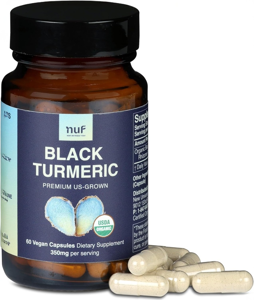 NUF- Organic Black Turmeric 350mg Whole Root Vegan Capsules- US Grown- Gluten Free - Non GMO- Joint Support - Healthy Inflammatory Response - Proper Immune Function
