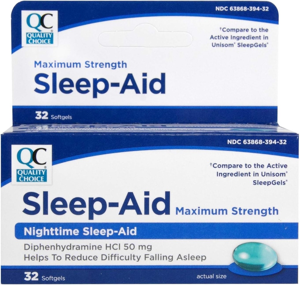 Quality Choice Max Strength Sleep Aid, Nighttime Sleep Aid Diphenhydramin HCI 50 mg, Ikke Habit Dannelse til lejlighedsvis søvnløshed, Let at synke Softels, 32 Count Flaske