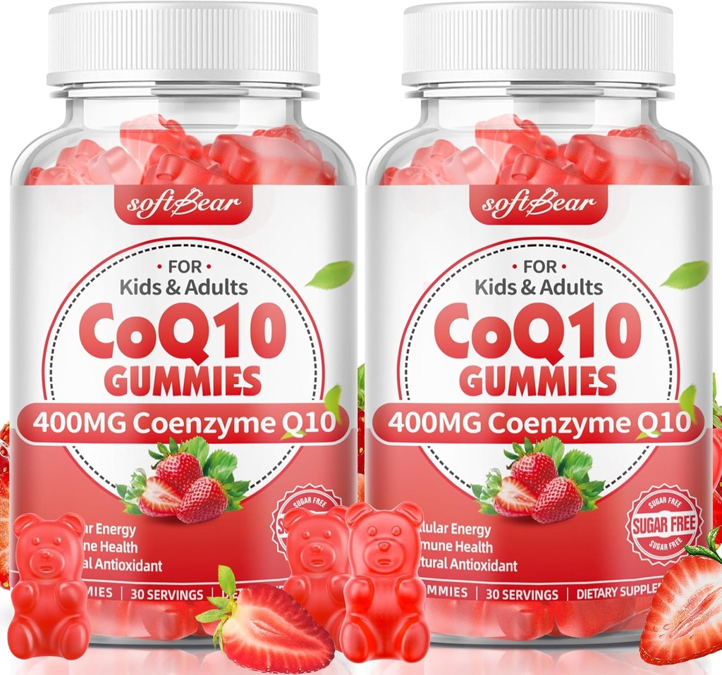softbear CoQ10 Gummies 400mg Coenzym Q10 Supplement for voksne, High Absorption coq10 Plus Omega-3, Magnesium, vitamin B3 & zink til cellulær energi & antioxidant, Strawberry Flavor 120 Count