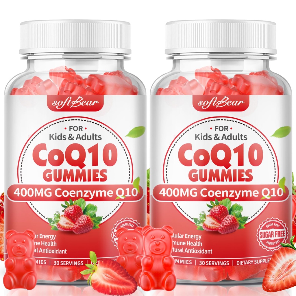 softbear CoQ10 Gummies 400mg Coenzym Q10 Supplement for voksne, High Absorption coq10 Plus Omega-3, Magnesium, vitamin B3 & zink til cellulær energi & antioxidant, Strawberry Flavor 120 Count