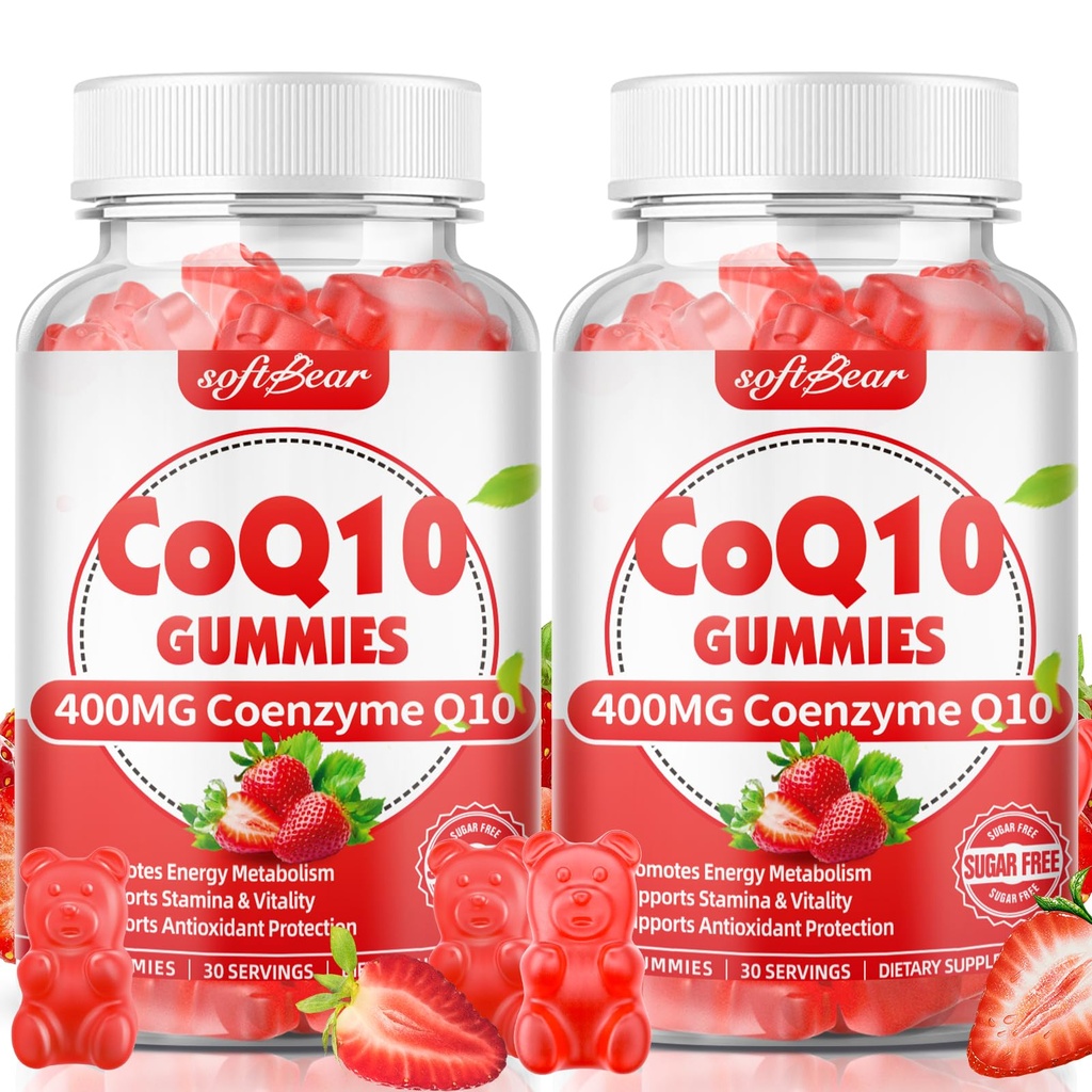 softbear CoQ10 Gummies 400mg Coenzym Q10 Supplement for voksne, High Absorption coq10 Plus Omega-3, Magnesium, vitamin B3 & zink til cellulær energi & antioxidant, Strawberry Flavor 120 Count