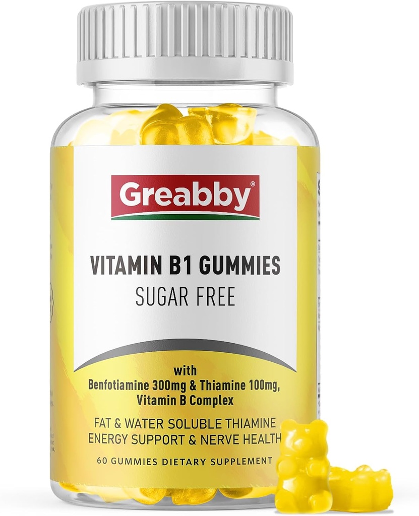 Vitamin B1 Gummies - Benfotiamin 300mg & Thiamin 100mg, Sugar Free, Vitamin B Complex Chewable Supplement, Energy Boost & Nervesystemet Sundhed for kvinder Mænd, 60 Gummies