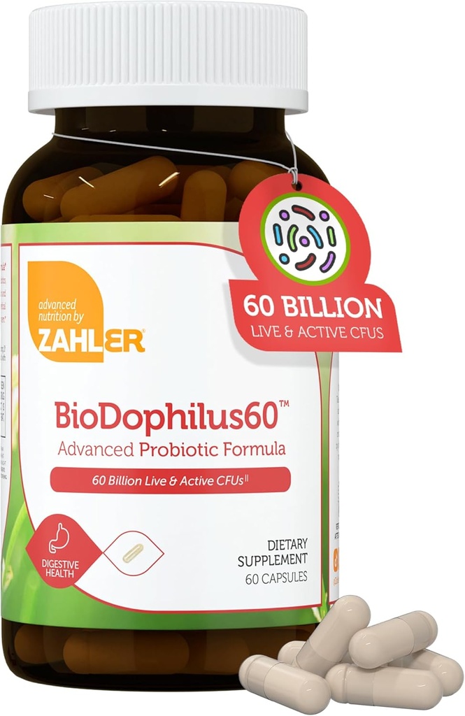 Zahler Biodophilus60, 60 Millioner CFU Probiotic + Prebiotic - 11 Strops Daily Probiotic Supplement - Kosher Probiotika til kvinder for fordøjelsessygdomme, Probiotika til mænd for Gut Health (60 kapsler)