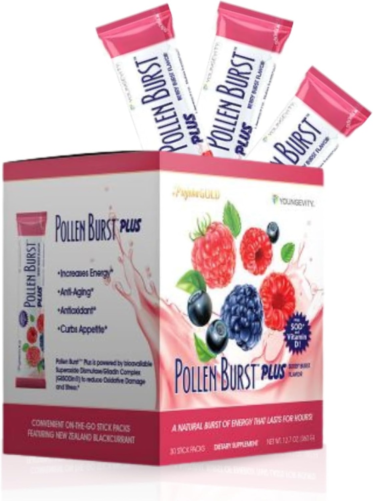 Youngevity Projoba Pollen Burst Plus Berry - Naturlig energi drikke med blomst Pollen, vitaminer og antioxidanter - Understøtter Vedvarende energi og samlet velvære - 30 pakker