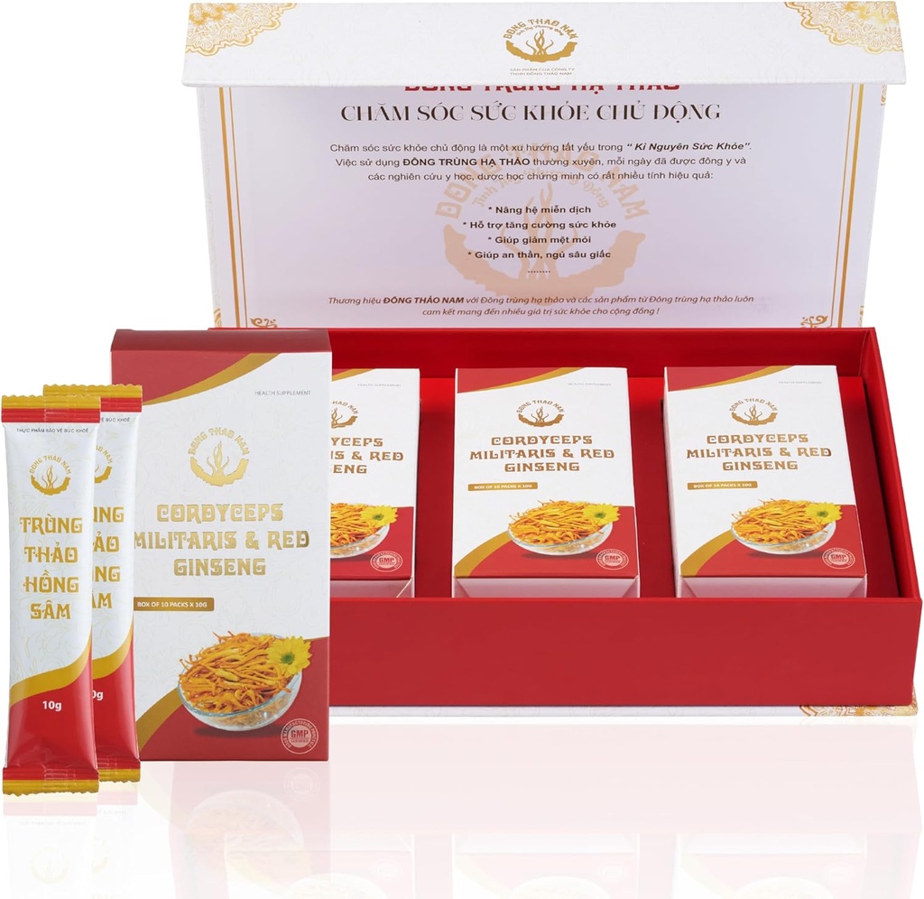 Dong Thao NAM - Organic Red Ginseng og Cordyceps Powder, 6 i 1 urteekstrakt, Øger alerness, Øger energi og reducerer træthed, Koffein fri, pakke med 30
