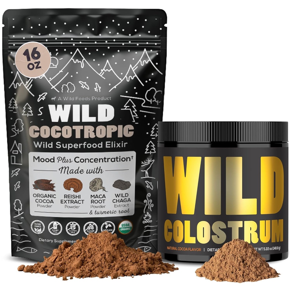Cocotrop Organic Mushroom Cacao Mix (16oz) & Colostrum Powder (5.22oz) Bundle for Gut Sundhed og Energi