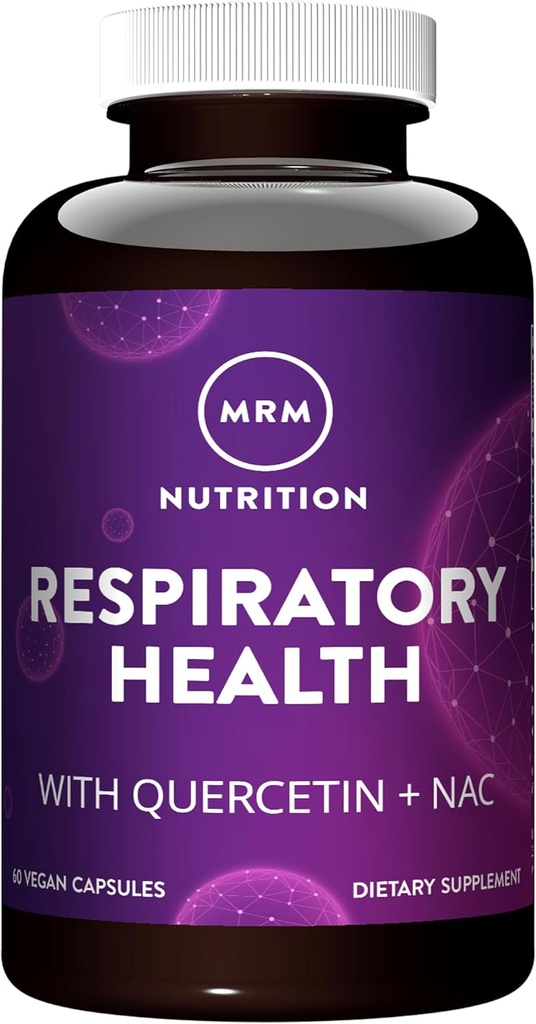 MRM Respiratory Health against 124; med Quercetin + NAC against 124; Understøtter lever & Mitochondrial Health against 124; Vegan + Non- GMO + Gluten Free against 124; 30 Serveringer
