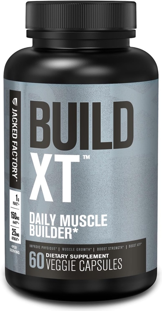 Jacked Factory Build- XT Daily Muscle Builder & Performance Enhancer - Muscular Building Supplement for Muscular Strength & Growth; Trademarked Ingredients Peak02, ElevatP, & Astragin - 60 Veggie Pills