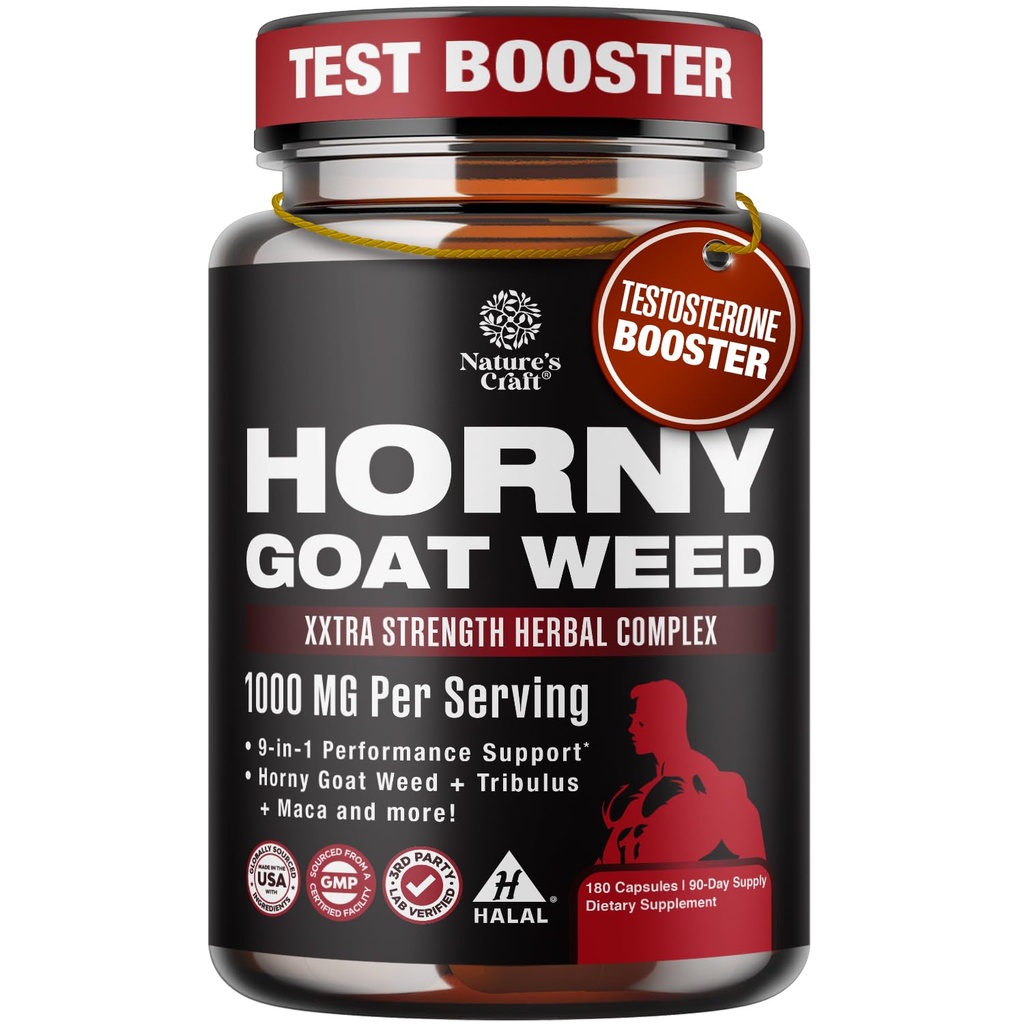 Horny Geat Weed for Mænd - Ekstra styrke Mand tillæg med Black Maca Root, Tongkat Ali, Saw Palmetto & Panax Ginseng Uddrag til Stamina & Energy - 180 Kapsler