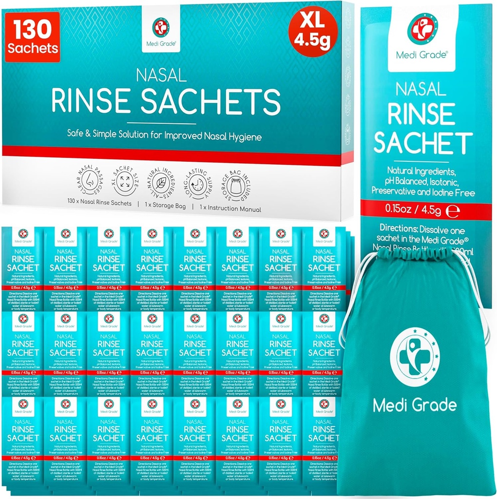 Medi Grade Sinus Rinse Packets - Nasal Rinse Essentials Kit på 130 x salt pakker og praktisk opbevaring pose - Nyd efpropless nasal vanding hjemme eller på farten med vores Neti Pot salt pakker