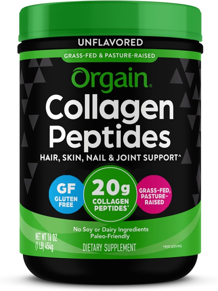 Orgain hydrolyseret collagen peptider pulver til kvinder & mænd, 20g Grass Fed Collagen, Unflavored - hår, hud, negle, & fælles Support, Paleo & Keto, non-GMO, type I og III, 1lb