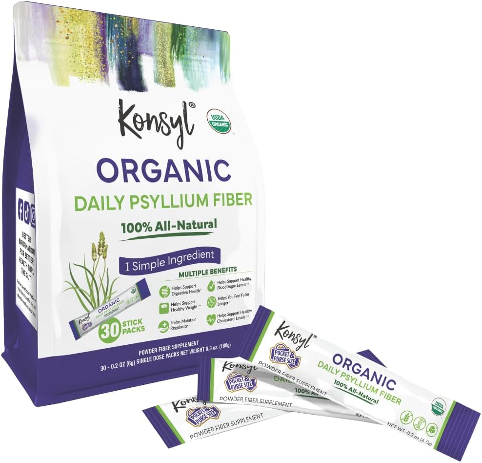 Konsyl Organic Daily Psyllium Fiber Stick Packs - On- The- Go Fiber Supplement Powder - Praktisk, All- Natural Opløselig Fiber, Gluten- Free & Sugar- Free, Vegan & Keto - 30 Pakker
