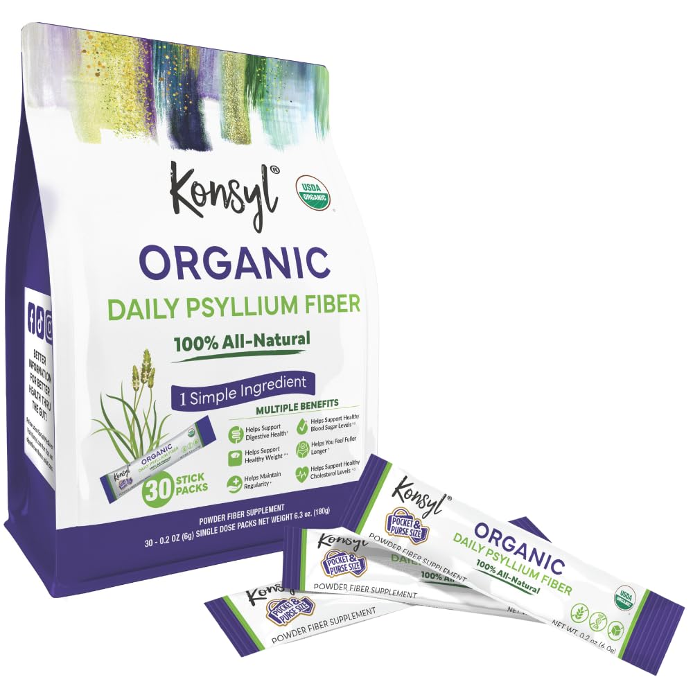 Konsyl Organic Daily Psyllium Fiber Stick Packs - On- The- Go Fiber Supplement Powder - Praktisk, All- Natural Opløselig Fiber, Gluten- Free & Sugar- Free, Vegan & Keto - 30 Pakker