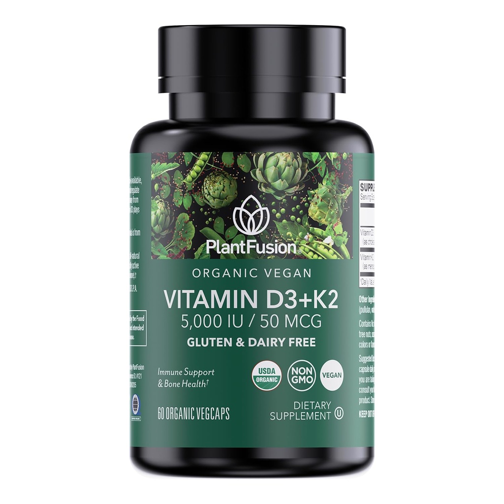 PlantFusion Organic Vegan Vitamin D3 + K2 5000 IE, 50MCG - D-vitamin sour fra Plant Based Lichen og Vitamin K2, til immunforsvar og benhygiejne - 60 kapsler