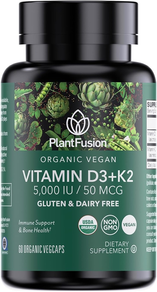 PlantFusion Organic Vegan Vitamin D3 + K2 5000 IE, 50MCG - D-vitamin sour fra Plant Based Lichen og Vitamin K2, til immunforsvar og benhygiejne - 60 kapsler