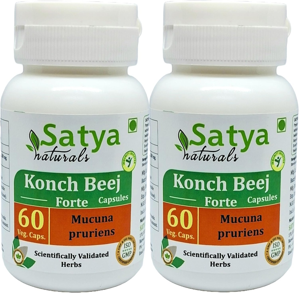 Konch Beej Forte Capsules 500 mg. 60 Veg. Capsule | Konch Beej (Mucuna Pruriens) Extract Capsules for Men and women | Ayurvedic Herbal Supplement/Remedies | 10:1 Forte (2 Bottles of 60 Capsules)