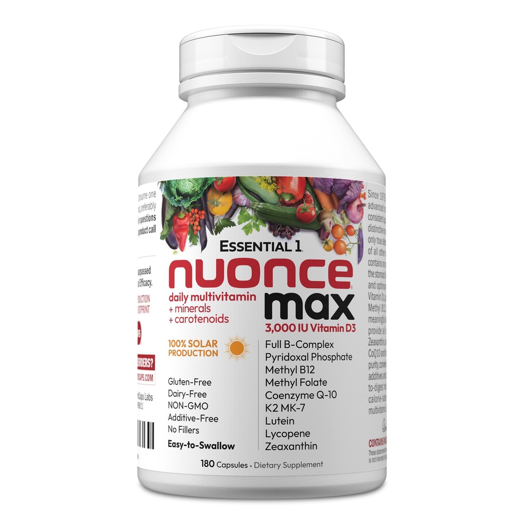 ANDREW LESSMAN Essential-1 nuonce max Multivitamin 3000 IE D3 180 små kapsler. 100 mcg methyl B12. CoQ10 Lutein Lycopene Zeaxanthin. High Potency. Ingen tilsætningsstoffer. Ultra- Mild 1 daglig kapsel