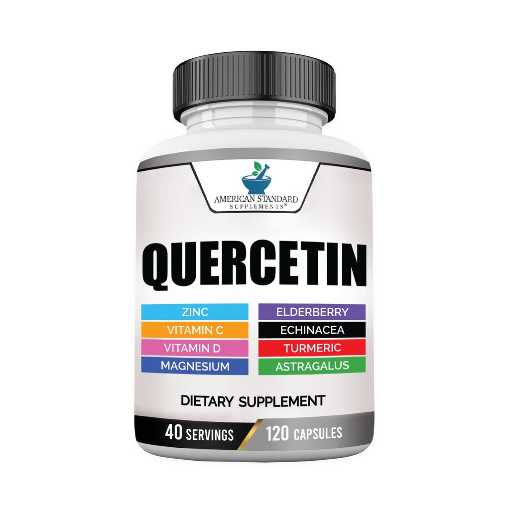 American Standard Kosttilskud Quercetin 1000mg Per servering med zink, C-vitamin, D3-vitamin, Magnesium, Elderberry, Echinacea, gurkemeje, Astragalus - Gluten Free, Non- GMO, 120 Kapsler, 40 Servering