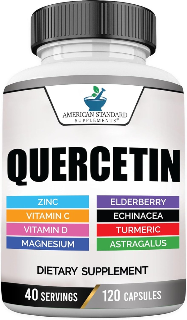 American Standard Kosttilskud Quercetin 1000mg Per servering med zink, C-vitamin, D3-vitamin, Magnesium, Elderberry, Echinacea, gurkemeje, Astragalus - Gluten Free, Non- GMO, 120 Kapsler, 40 Servering