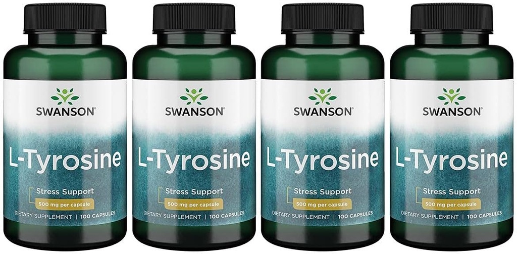Swanson L- Tyrosine - Aminosyretilskud til fremme af stress support, kognitiv funktion - Hjælper støtte samlede hjerne sundhed - (100 kapsler, 500mg hver) 4 Pack
