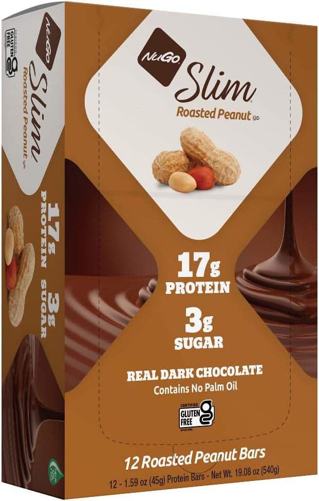 NuGo Slim Dark Chocolate Roasted Peanut, 16g Protein, 2g Sukker, 7g Fiber, Low Net Carb, Keto Friendly, Gluten Free, 12 Greve