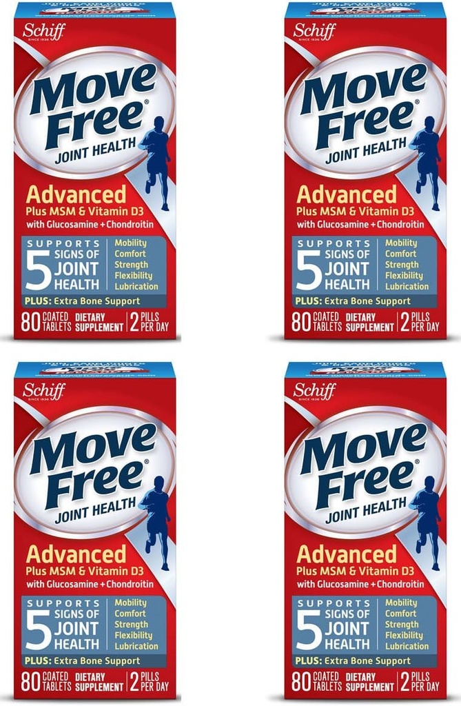 Move Free Advanced Plus MSM and Vitamin D3, 80 tabletter - Joint Health Supplement med Glucosamin og Chondroitin (pakke med 4)