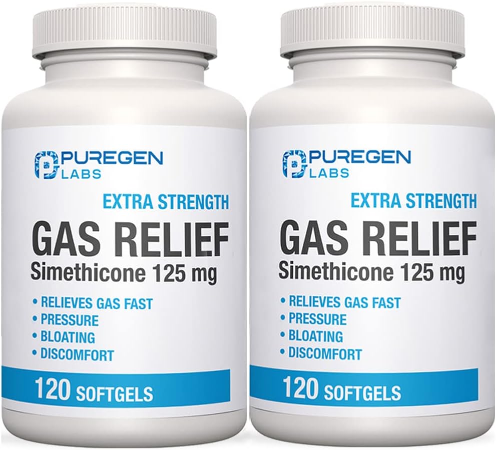 P Puregen Labs Extra Strength Gas Relief Softgels med Simeticone 125 mg 1 125 mg; Hurtig lindring af tryk, bloating og smertefri ubehag - 2 Packgate 124; Total 240 Softgels