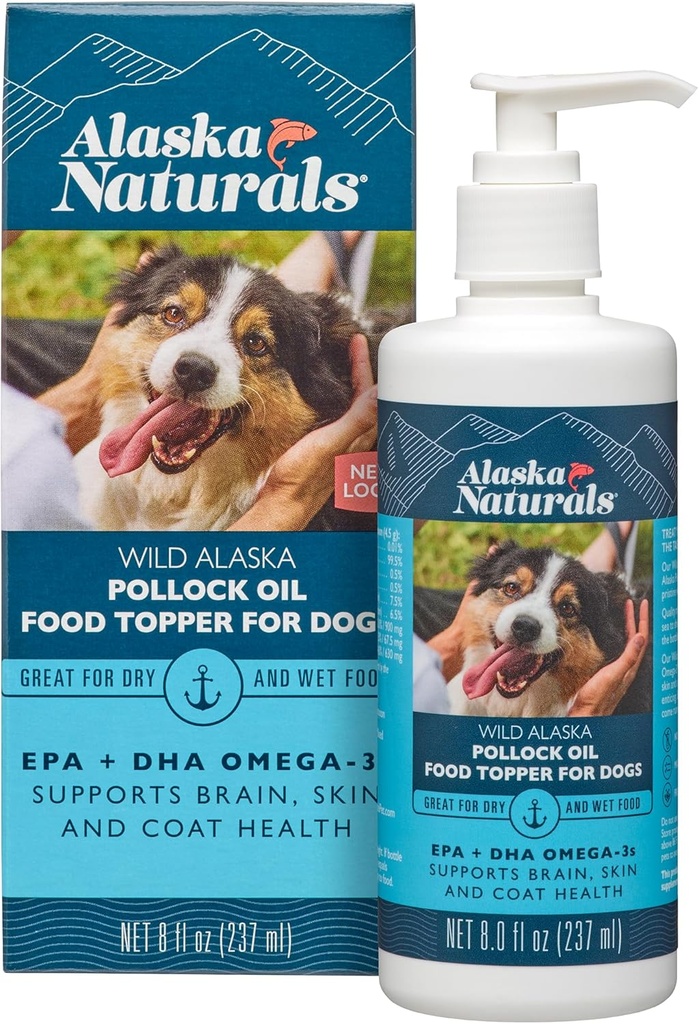 Sustainable Wild Alaska Fish Oil for Dogs Skin and Coat - EPA + DHA Omega 3 Oil - Fedtsyrer Hunde Kosttilskud - Support Fur Coat og Brain Health - Natural Liquid Food Topper til Kæledyr - 8 oz. Pumpe