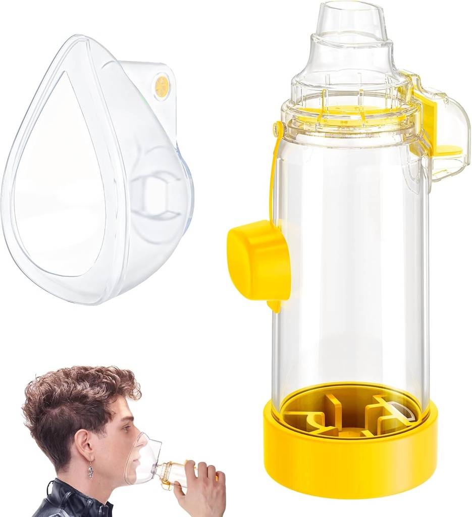 Håndholdt Inhaler plads til spædbørn, børn og voksne - Anti- Statisk - Portable Design til hjem, skole og rejser - Soft Silicone Mask - Nessi OTC Spacer - Let at rengøre (Gul Voksen)