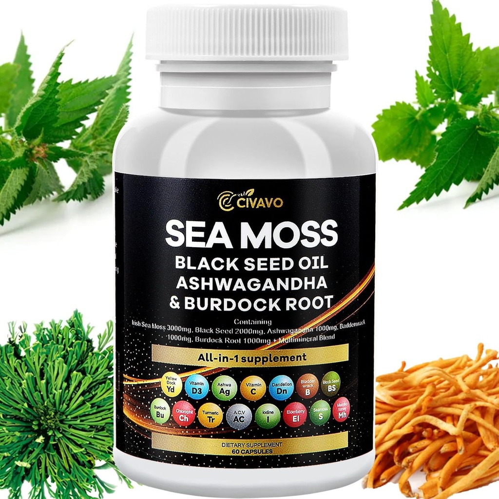 Sea Moss 3000mg Black Seed Oil 2000mg Ashwagandha 1000mg Bladerwrack 1000mg Gurkemeje 1000mg Burdock 1000mg Vitamin C & D3 Elderberry Manuka Mælkebøtte Gul Dock Chlorophyll ACV