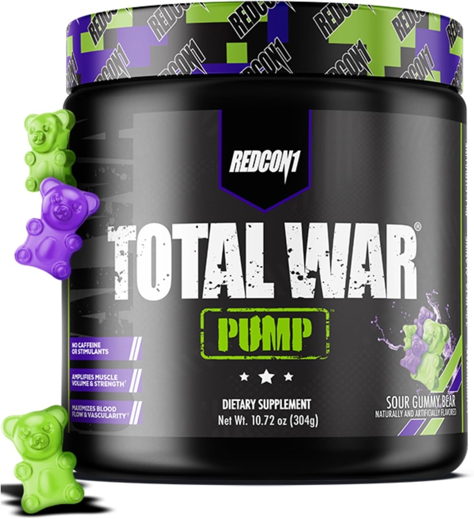 REDCON1 Non Stim & Koffein Free Pre Workout Powder for Women & Men - Total War Pump - med L- Citrullin, Beta Alanine & Mere - Workout på ethvert tidspunkt af dagen - Sour Gummy Bear (10.72 oz)