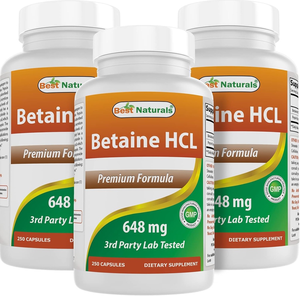 Bedste Naturals Betaine HCL 648 mg 250 Kapsler (250 Tæl (pakning med 3))