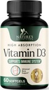 D3- vitamin Supplement 5000IE (125 mcg) - Ekstra styrke Vitaminer D-3 Kosttilskud til ben, tænder, muskulatur sundhed & immunforsvar, hurtig Absorbtion Mini D Softgel, ikke-GMO, gluten fri - 60 Greve