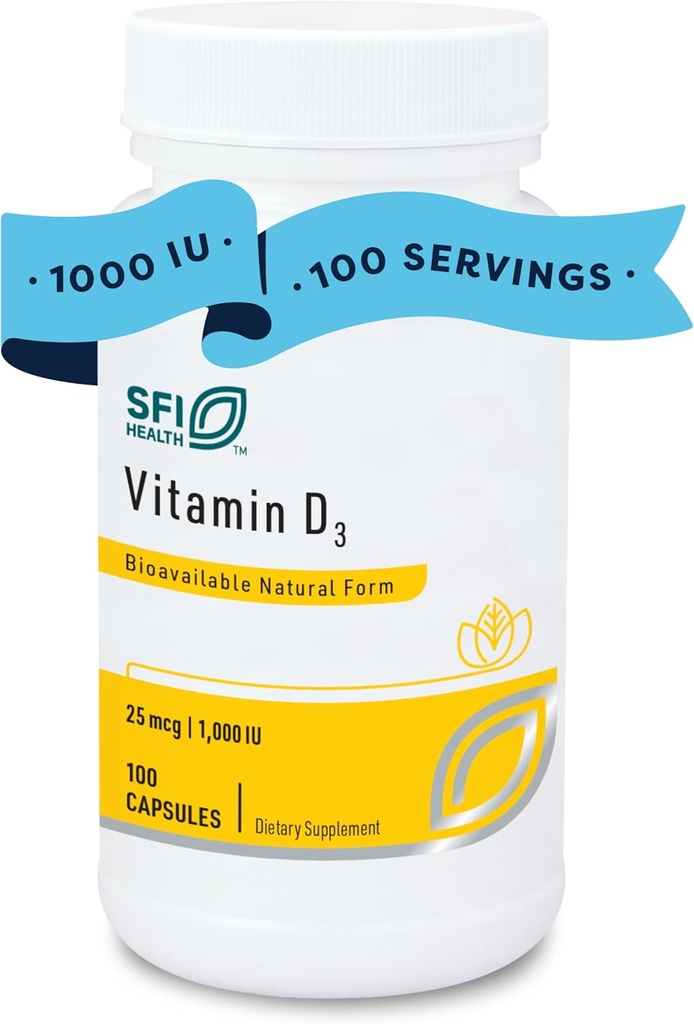 Klaire Labs SFI Health Vitamin D3 1000 IE - High Potency 25 Mikrogram, Hypoallergen Bone & immunforsvar (100 kapsler)