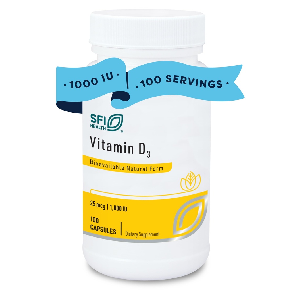 Klaire Labs SFI Health Vitamin D3 1000 IE - High Potency 25 Mikrogram, Hypoallergen Bone & immunforsvar (100 kapsler)