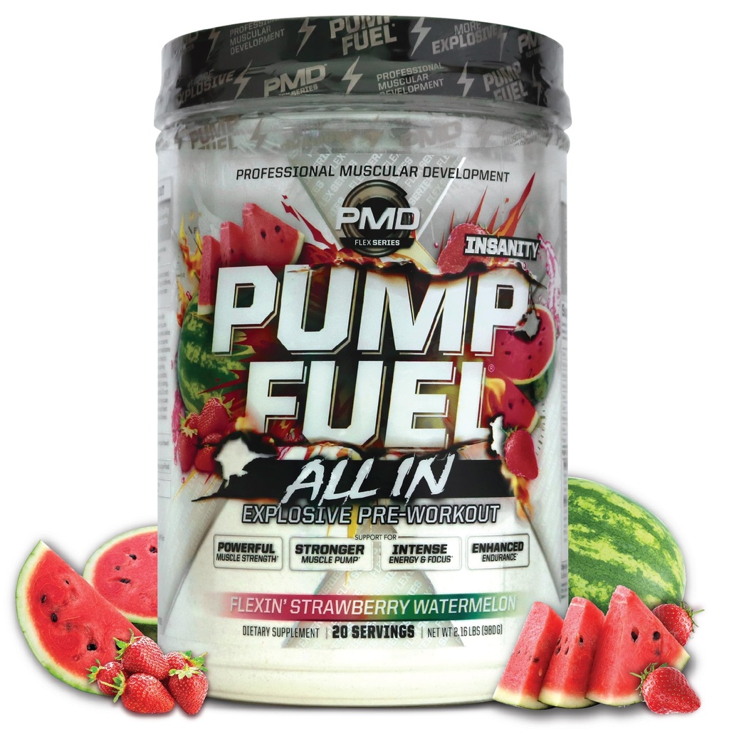 PMD Sports Pump Fuel Alt i Insanitet, Ultimate Pre Workout & Muscle Pump, Maksimal Styrke Energi, Fokus, Endurance & Recovery, Creatin & Beta Alanine, Flexin 'Strawberry Watermelon (20 Servere)