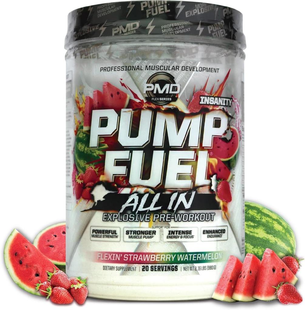 PMD Sports Pump Fuel Alt i Insanitet, Ultimate Pre Workout & Muscle Pump, Maksimal Styrke Energi, Fokus, Endurance & Recovery, Creatin & Beta Alanine, Flexin 'Strawberry Watermelon (20 Servere)