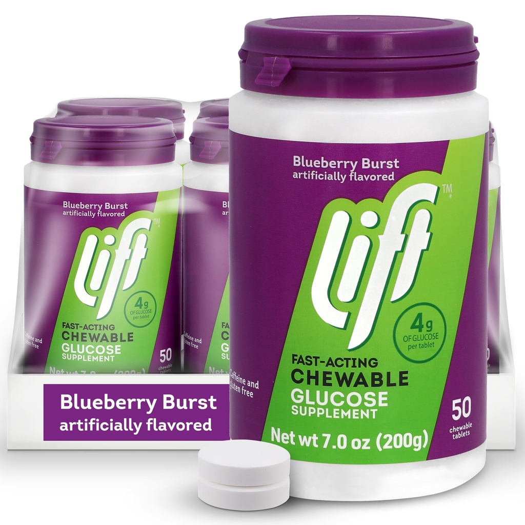 Lift Glucose against 124; Fast-Actioning Glucose Chewable Energy Tablets against 124; Blueberry against 124; 50 ct Jar (pakke med 6)
