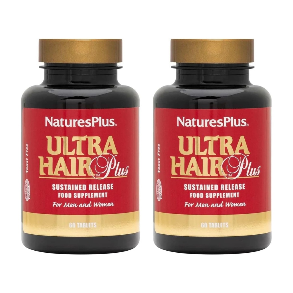 NaturePlus Ultra Hair Plus - 60 tabletter, pakke med 2 - Vedvarende udgivelse Formel for mænd og kvinder - Gluten Free - 60 Total Servering