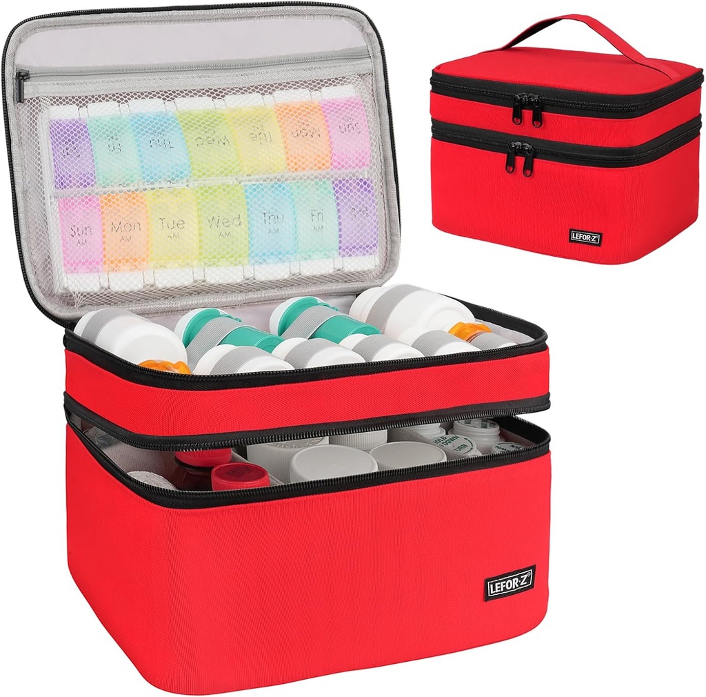 Medicine Storage Bag,Double Layers Pill Bottle Organizer Bag Empty with Lockable Zipper&Adjustable Divider,Medication Travel Carrying Bag for Pills,Vitamins,Medical Supplies,Red